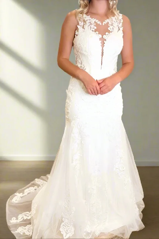 Price Buster Plunging Neck Applique Mermaid Wedding Dress with Illusion Neck