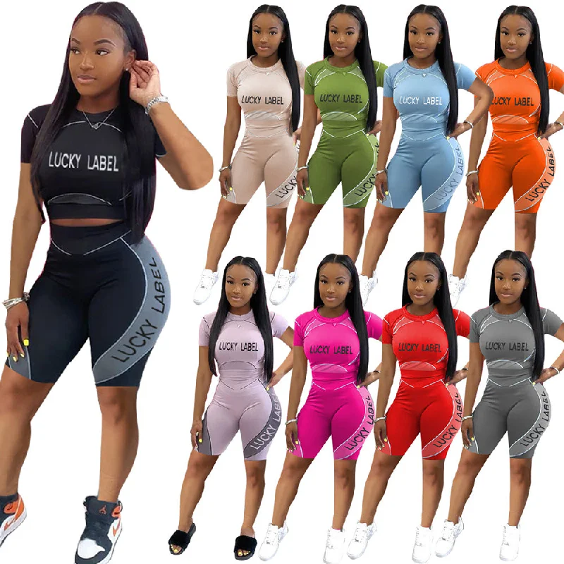 Epic Deals 2022 Short Sleeve Top and Shorts Lucky Label Print Activewear or Casual Slim Women's Two Piece Pants Set Epic Deals 2022 Short Sleeve Top and Shorts Lucky Label Print Activewear or Casual Slim Women's Two Piece Pants Set
