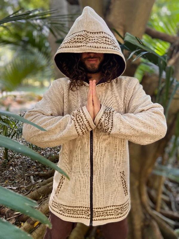 Special Savings AMAGUK Beige Hooded Mens Fleece Jacket Hoodie Jumper Large Hood Block Printed Tribal Geometric Pattern Primitive Festival Alternative AJJAYA Special Savings AMAGUK Beige Hooded Mens Fleece Jacket Hoodie Jumper Large Hood Block Printed Tribal Geometric Pattern Primitive Festival Alternative AJJAYA