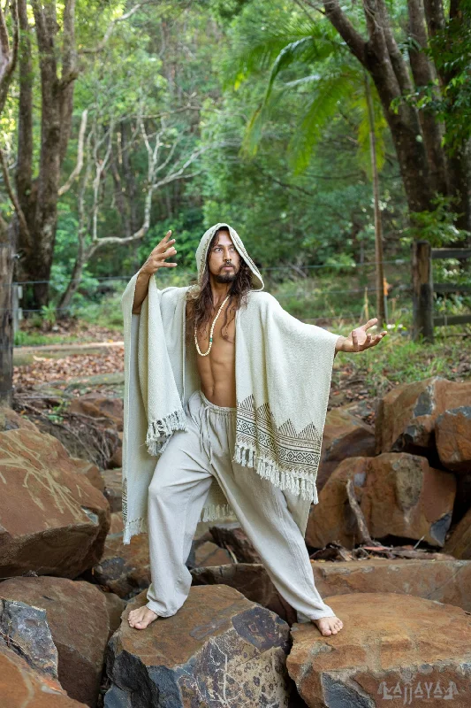 Seasonal Clearance ANAGAMI Beige Cream Hooded Kimono Cape Poncho Robe Block Printed Natural Dyed Ceremony Ritual Shaman Tribal Alchemy Sacred Shawl Wrap AJJAYA