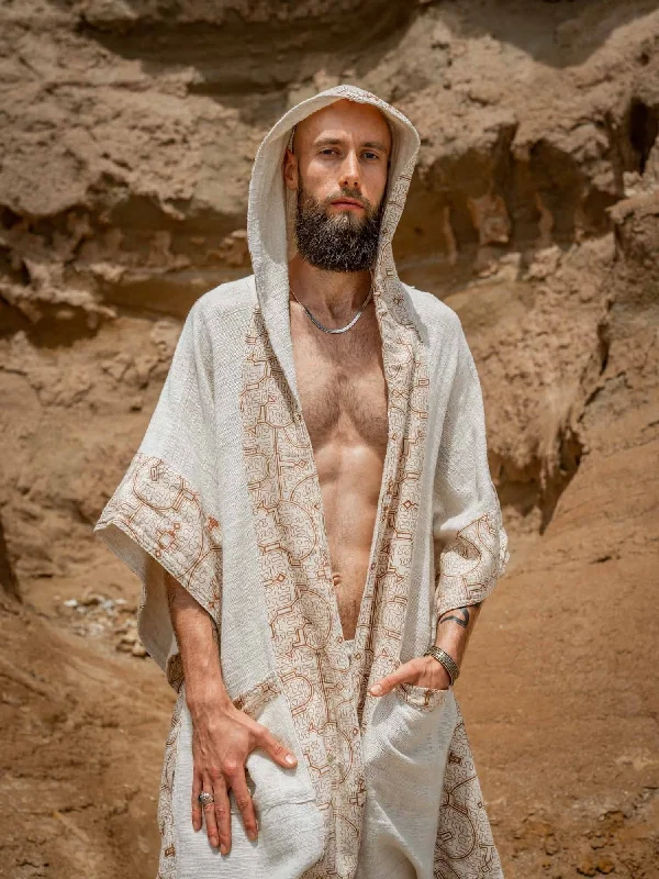 Last Chance AYAWA Hooded Kimono Beige Cream Cape Poncho Robe Shipibo Sacred Patterns Ceremony Ritual Shaman Tribal Shawl Viking Festival Wrap AJJAYA