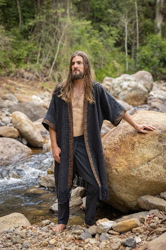 Exclusive Access BUNTU Black Kimono Robe Handmade Tribal African Patterns Natural Textured Cotton Shamanic Ceremony Ritual Festival Boho Gypsy AJJAYA Exclusive Access BUNTU Black Kimono Robe Handmade Tribal African Patterns Natural Textured Cotton Shamanic Ceremony Ritual Festival Boho Gypsy AJJAYA