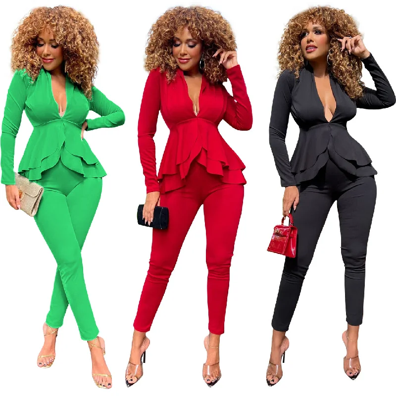 YEAR-End Clearance C1101TA91 Office Style Casual Deep V Solid Color Ruffles Two Piece Pants Set Women Sehe Fashion YEAR-End Clearance C1101TA91 Office Style Casual Deep V Solid Color Ruffles Two Piece Pants Set Women Sehe Fashion