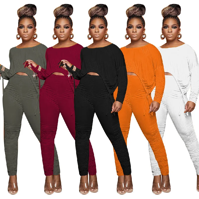 Big Savings C1101TA92 Latest Casual Solid Color Irregular Crop Top Pleated Two Piece Pants Set Women Sehe Fashion Big Savings C1101TA92 Latest Casual Solid Color Irregular Crop Top Pleated Two Piece Pants Set Women Sehe Fashion