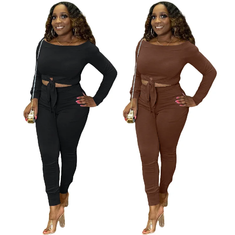 Special Price C1102TA11 Latest Casual Off Shoulder Lace Up Crop Top Slim Two Piece Pants Set Women Sehe Fashion