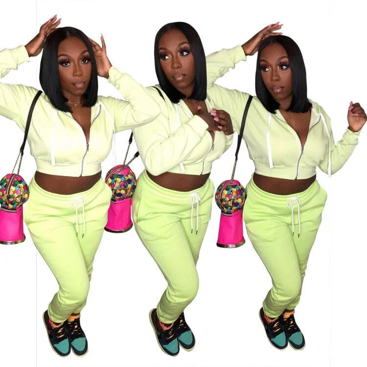 Shop and Save C1102TA39 High Quality Casual Solid Color Hooded Zipper CropTop 2 Piece Pants Set Women Sehe Fashion