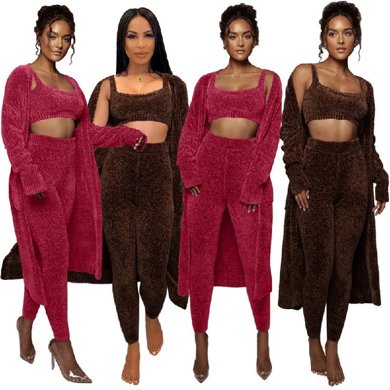 TIME-Limited Offer C1102TA4 New Arrival Casual Solid Color Sling Crop Top Long Coat Three Piece Pants Set Women Sehe Fashion TIME-Limited Offer C1102TA4 New Arrival Casual Solid Color Sling Crop Top Long Coat Three Piece Pants Set Women Sehe Fashion