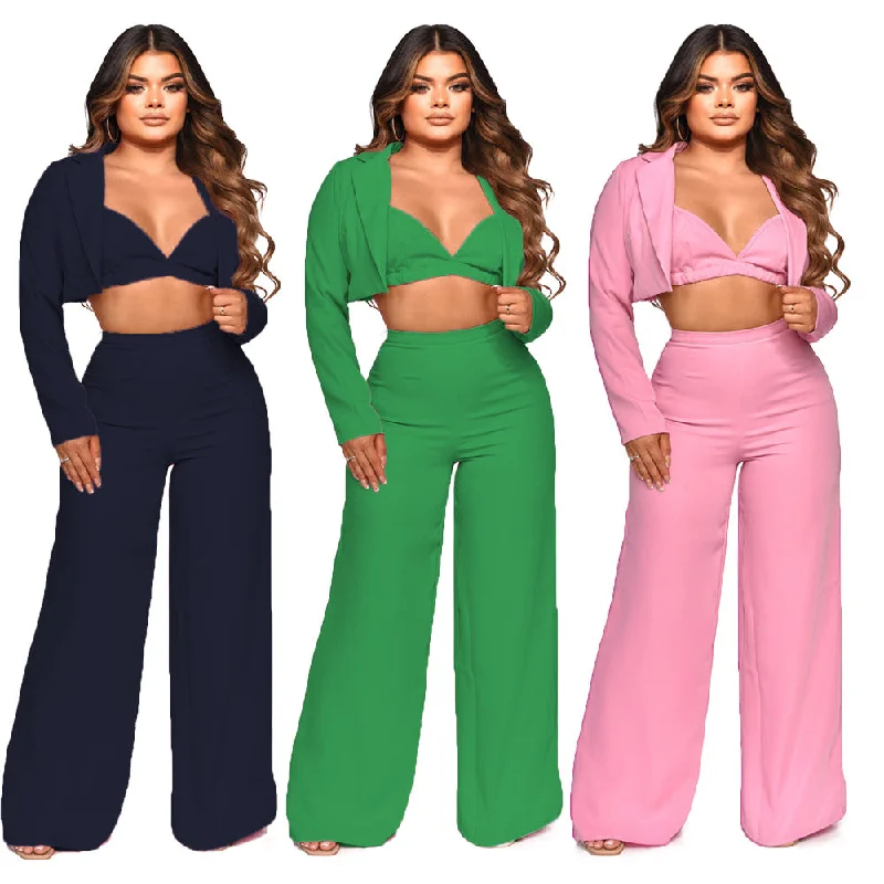 Super Bargain C1102TA9 Dropshipping Casual Crop Top Short Coat Wide Leg Three Piece Pants Set Women Sehe Fashion Super Bargain C1102TA9 Dropshipping Casual Crop Top Short Coat Wide Leg Three Piece Pants Set Women Sehe Fashion