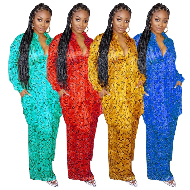 Final Clearance C1102TA93 New Arrival Casual Print Long Shirt Wide Leg Pants 2 Piece Set Women Sehe Fashion