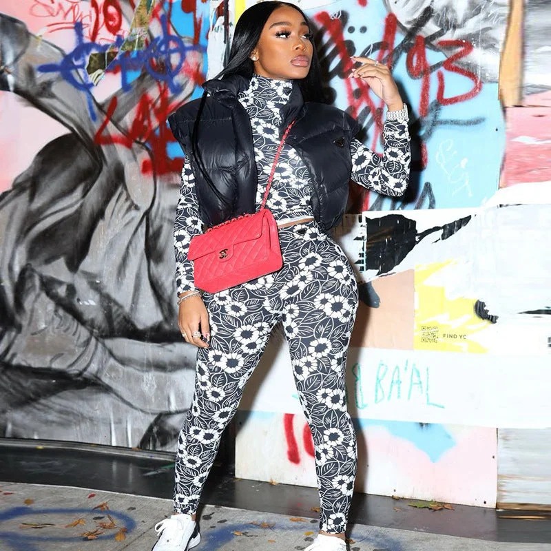 Deal Dash Fashion Streetwear Long Sleeve High Neck Crop Top Elastic Waists Pants Fall Print Two Piece Set 2022 Women clothes Deal Dash Fashion Streetwear Long Sleeve High Neck Crop Top Elastic Waists Pants Fall Print Two Piece Set 2022 Women clothes