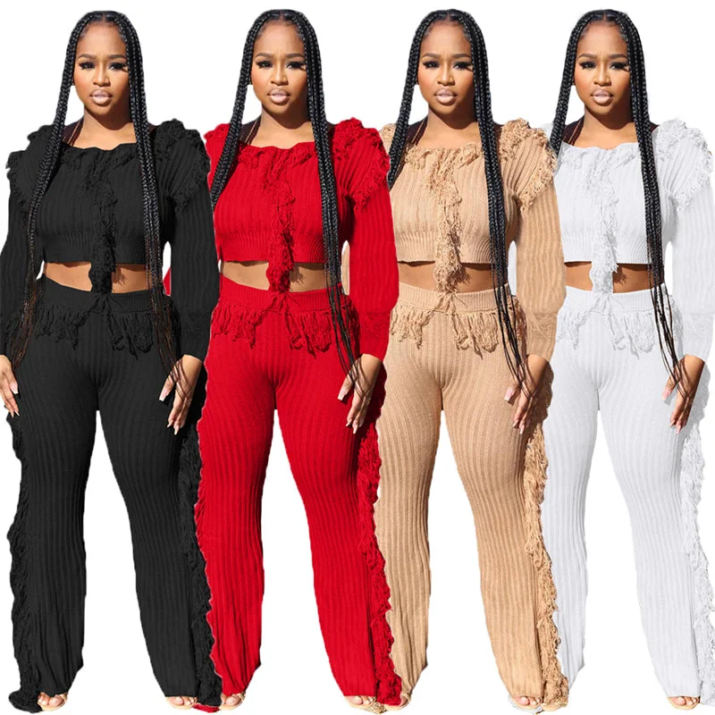 Flash Deals high quality fall 2022 autumn ladies women knitted crew neck 2 piece fringe tassel cropped sweater and pants two piece set women Flash Deals high quality fall 2022 autumn ladies women knitted crew neck 2 piece fringe tassel cropped sweater and pants two piece set women