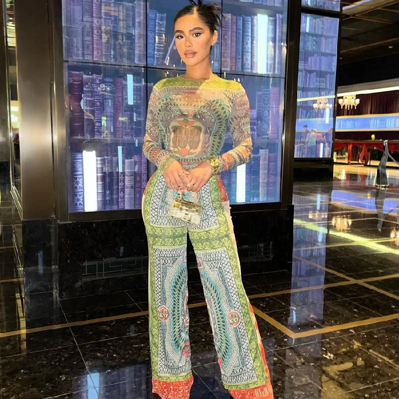 Online Only Kliou K22S19040 Women Hipster Slim O-neck Long Sleeve Women's Sets Dollar Print Mesh See Through Top+Wide Pant 2 Piece Set Women Online Only Kliou K22S19040 Women Hipster Slim O-neck Long Sleeve Women's Sets Dollar Print Mesh See Through Top+Wide Pant 2 Piece Set Women