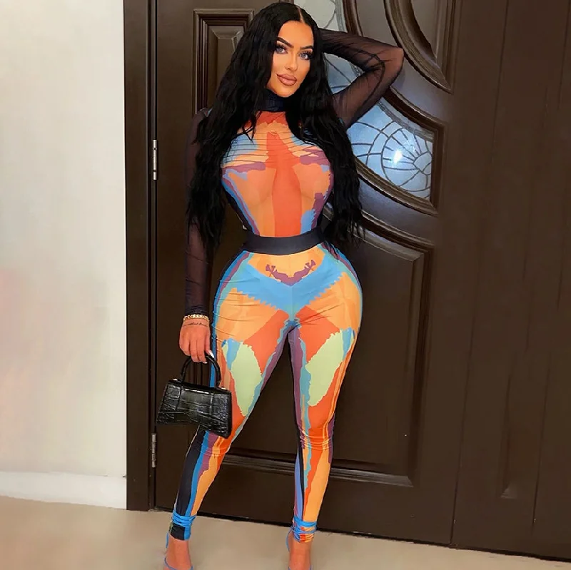 Midnight Madness Kliou K22S23399 Sexy fashion party fashion suit Long sleeve mesh translucent jumpsuit + tight pants printed 2 Piece set women Midnight Madness Kliou K22S23399 Sexy fashion party fashion suit Long sleeve mesh translucent jumpsuit + tight pants printed 2 Piece set women