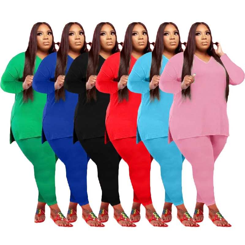 Holiday Sale LW-Q77262 V neck side split long sleeve t shirts and pants women plus size 2 piece sets Holiday Sale LW-Q77262 V neck side split long sleeve t shirts and pants women plus size 2 piece sets