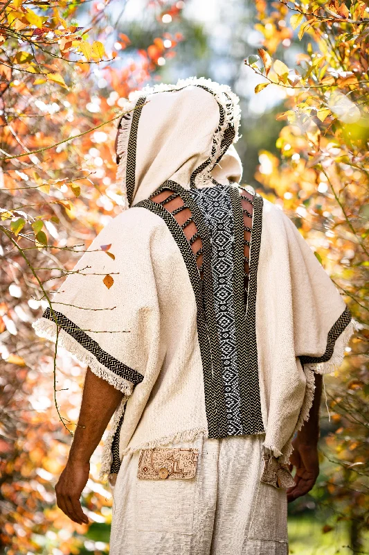 Factory Direct Sale Mens Hooded Kimono Vest Beige Alchemist Wizard Sorcerer Tribal Ritual Ceremony Gypsy Festival Magic Magia Alchemy Primitive Rave Boho AJJAYA