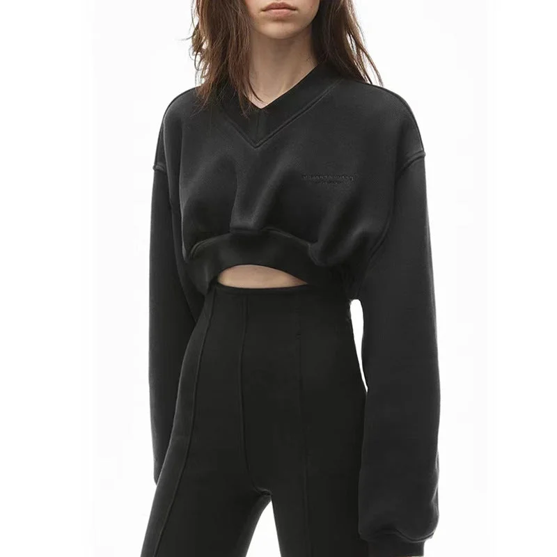 Online Only Black sweater women's thin loose loose 2023 spring and autumn all-match high-waisted navel-exposed short long-sleeved top