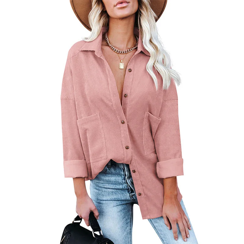 One-DAY Sale Casual Corduroy Button Down Shirts Women's Solid Color Long Sleeve Oversized Coat Jacket Fashion Blouses Tops Vintage Streetwear