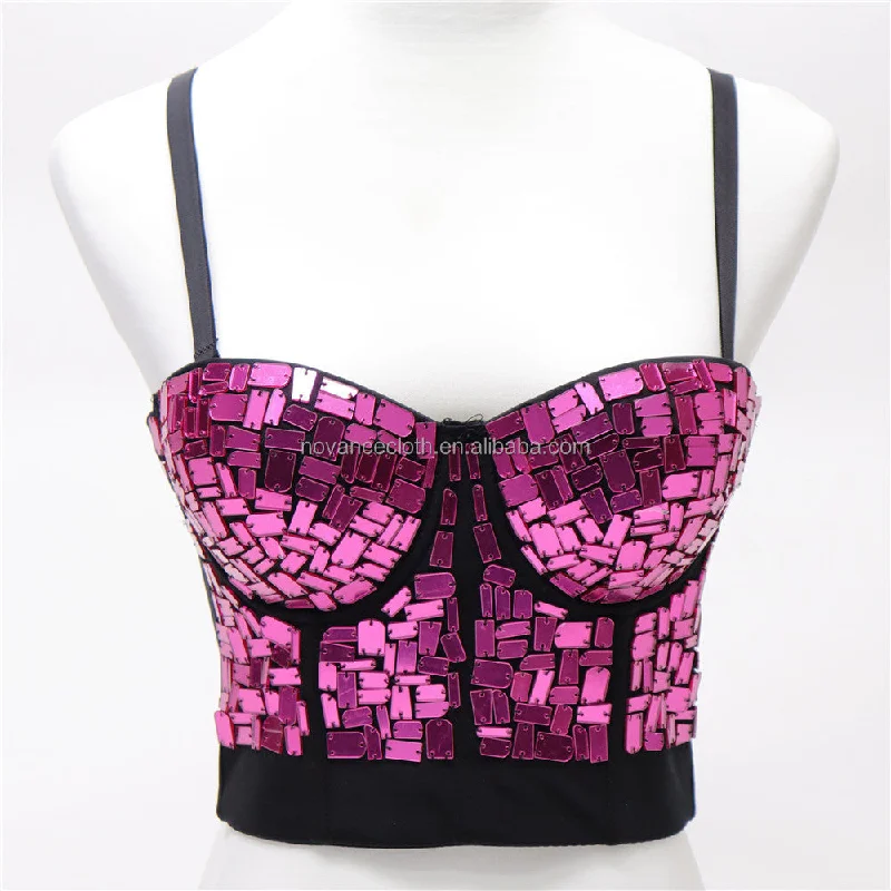 Deal Frenzy NOVANCE hot items 2022 hot sling sparking pink sequins sexy women vest under wear fishbone Prom sexy women bra outwear