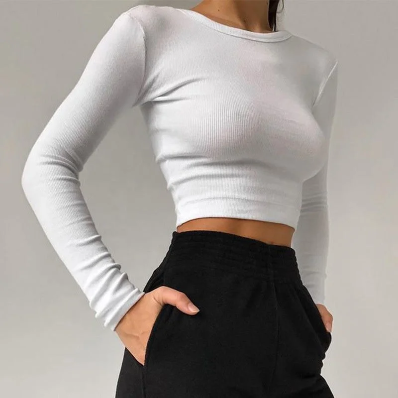 Can't Miss O Neck Long Sleeve Shirt Women Ribbed Sexy Cropped Tops 2021 Spring Black Casual Skinny-Slim-Basic Woman T Shirts White