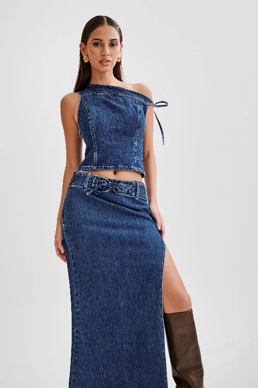 Act Fast Ramsey Denim Off Shoulder Top - Dark Blue