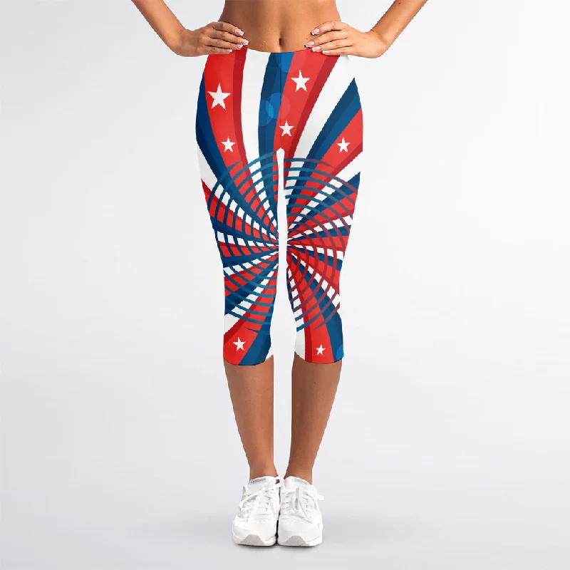 One-DAY Sale Swirly American Patriotic Print Women's Capri Leggings
