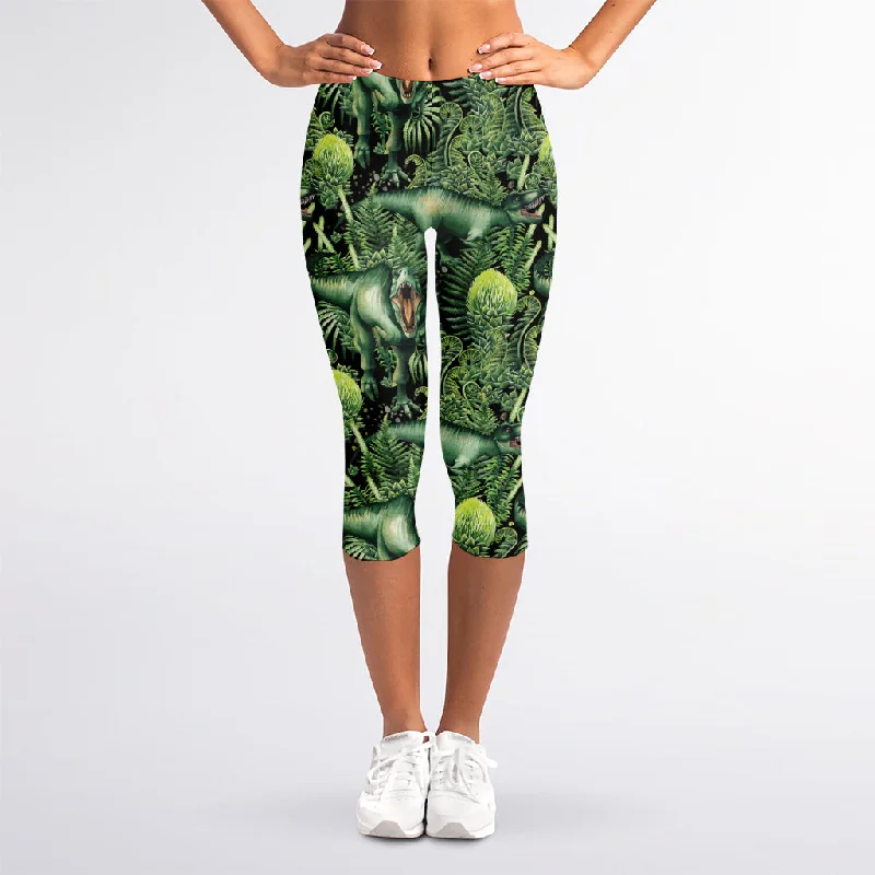 Special Savings T-Rex Dinosaur And Jurassic Plants Print Women's Capri Leggings