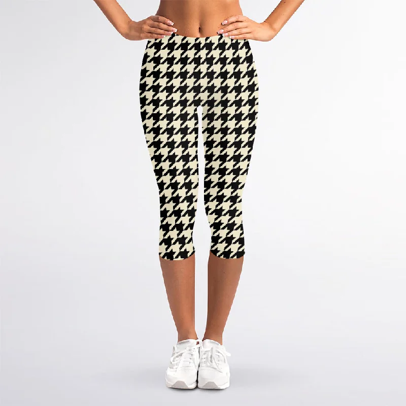Incredible Offers Tan And Black Houndstooth Pattern Print Women's Capri Leggings