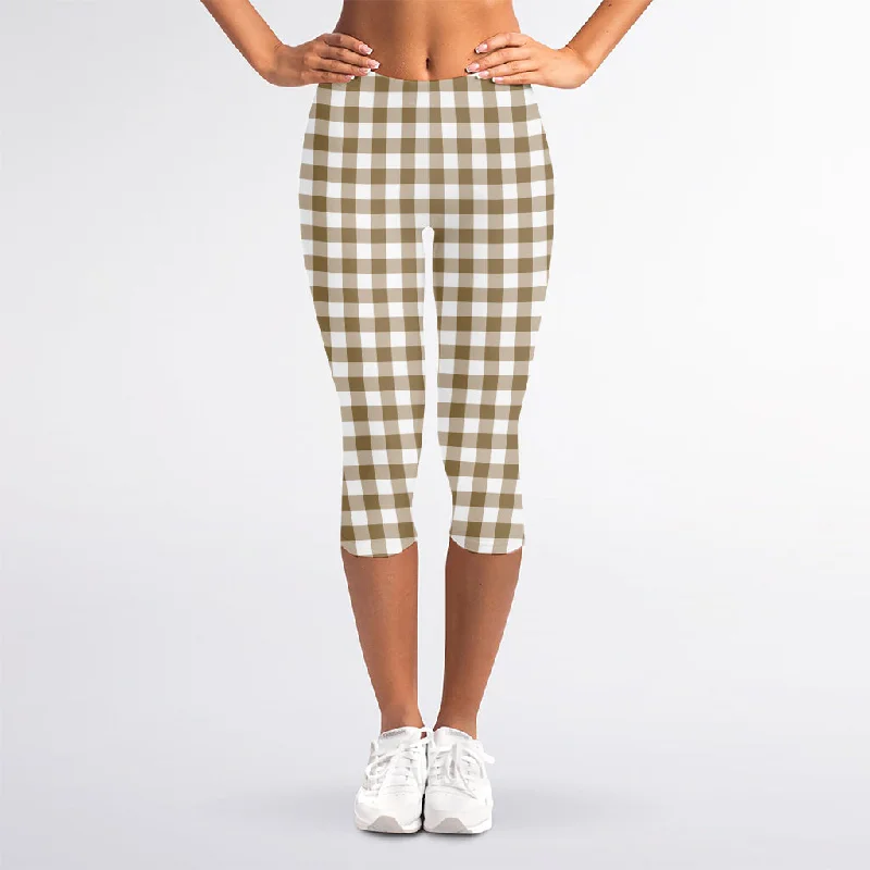 Deal of the Week Tan And White Gingham Pattern Print Women's Capri Leggings