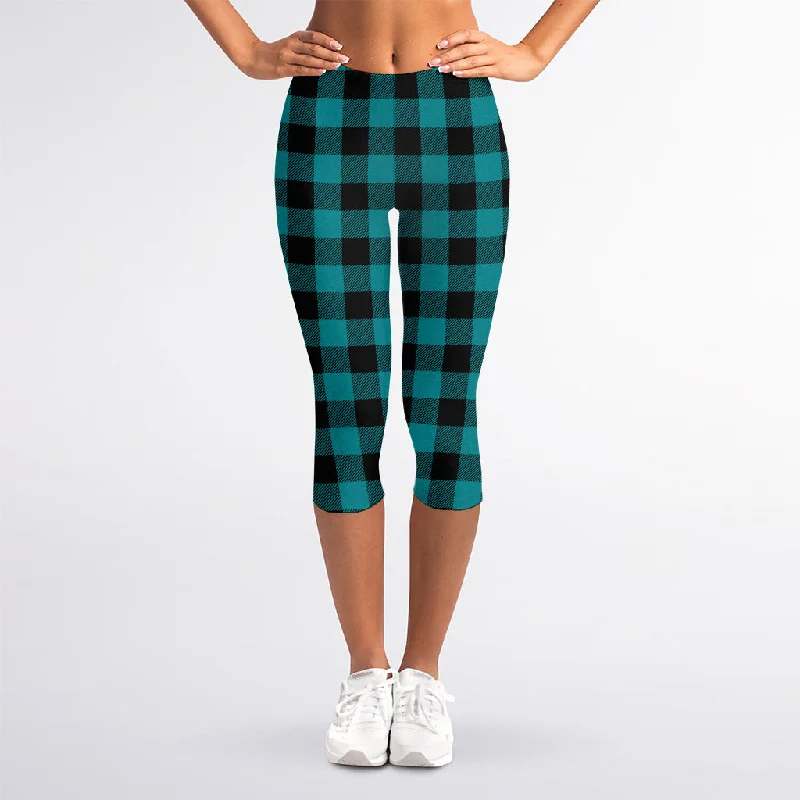 Act Now Teal And Black Buffalo Check Print Women's Capri Leggings