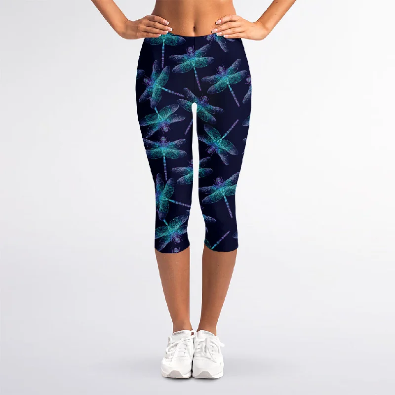 TIME-Limited Offer Teal And Purple Dragonfly Pattern Print Women's Capri Leggings