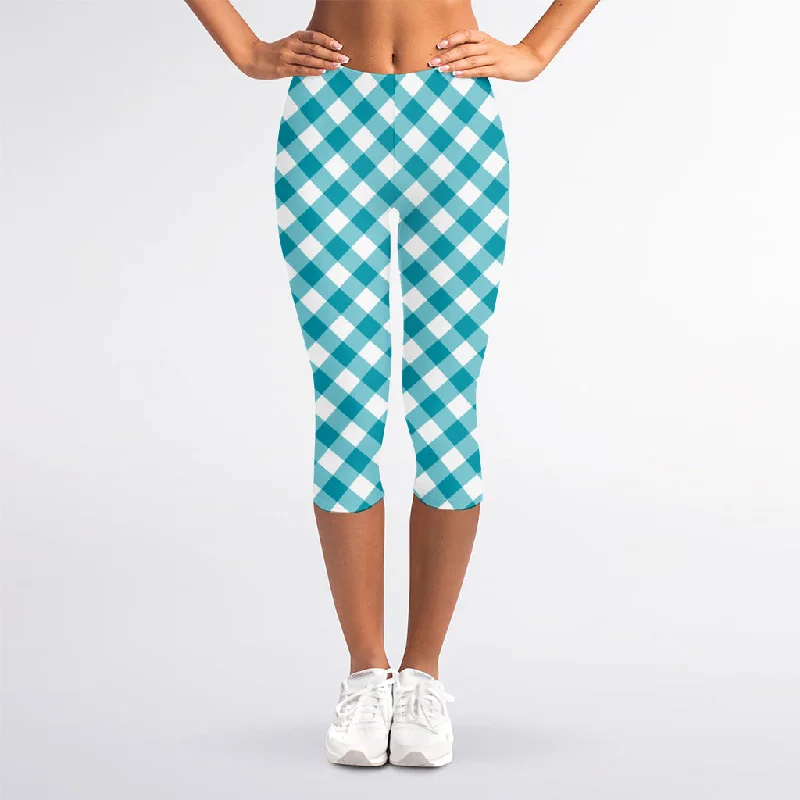 Markdowns Teal And White Gingham Pattern Print Women's Capri Leggings