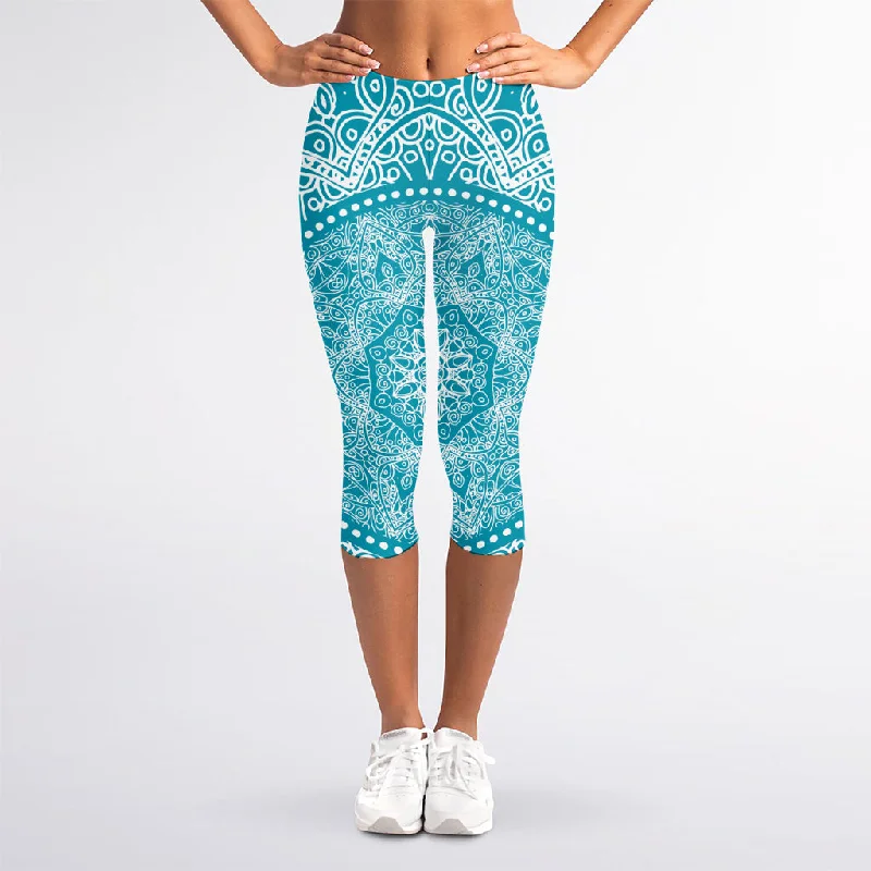 Shop and Save Teal And White Mandala Print Women's Capri Leggings