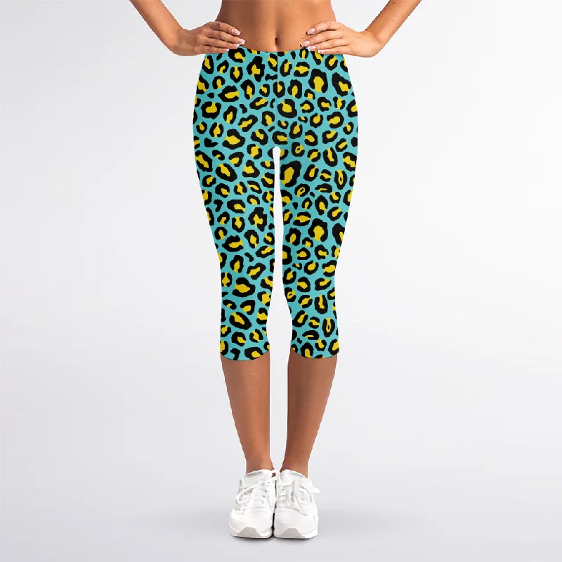 Sale Event Teal And Yellow Leopard Pattern Print Women's Capri Leggings