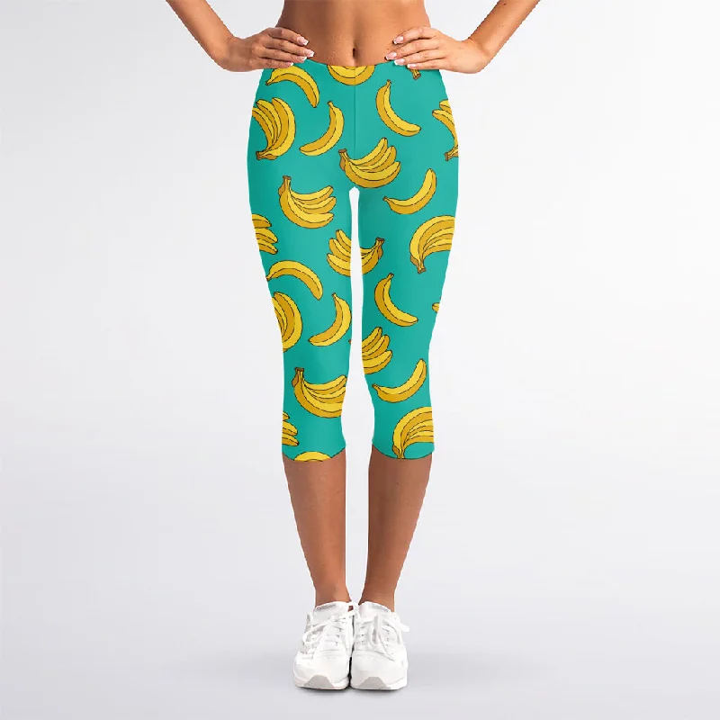 Price Rollback Teal Banana Pattern Print Women's Capri Leggings