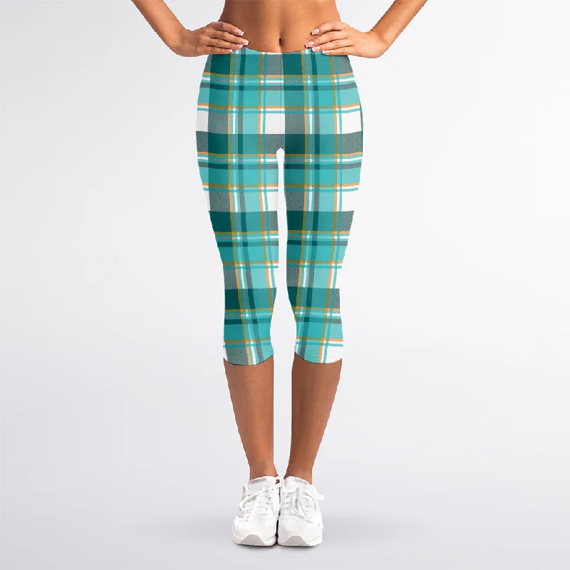 Midnight Madness Teal Madras Pattern Print Women's Capri Leggings