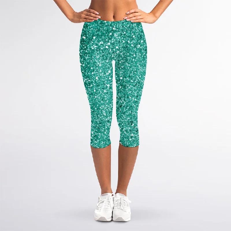 Price Cut Teal (NOT Real) Glitter Print Women's Capri Leggings