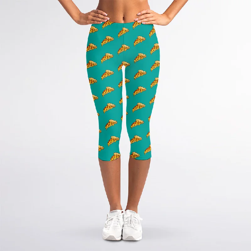 Deep Discounts Teal Pizza Pattern Print Women's Capri Leggings