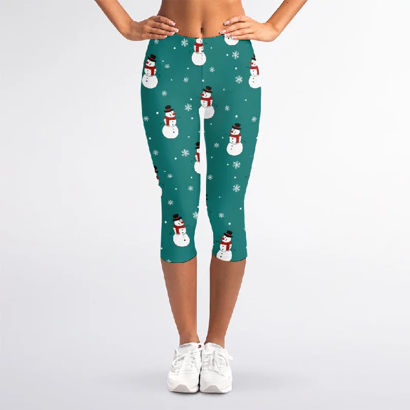 Great Deals Teal Snowman Pattern Print Women's Capri Leggings