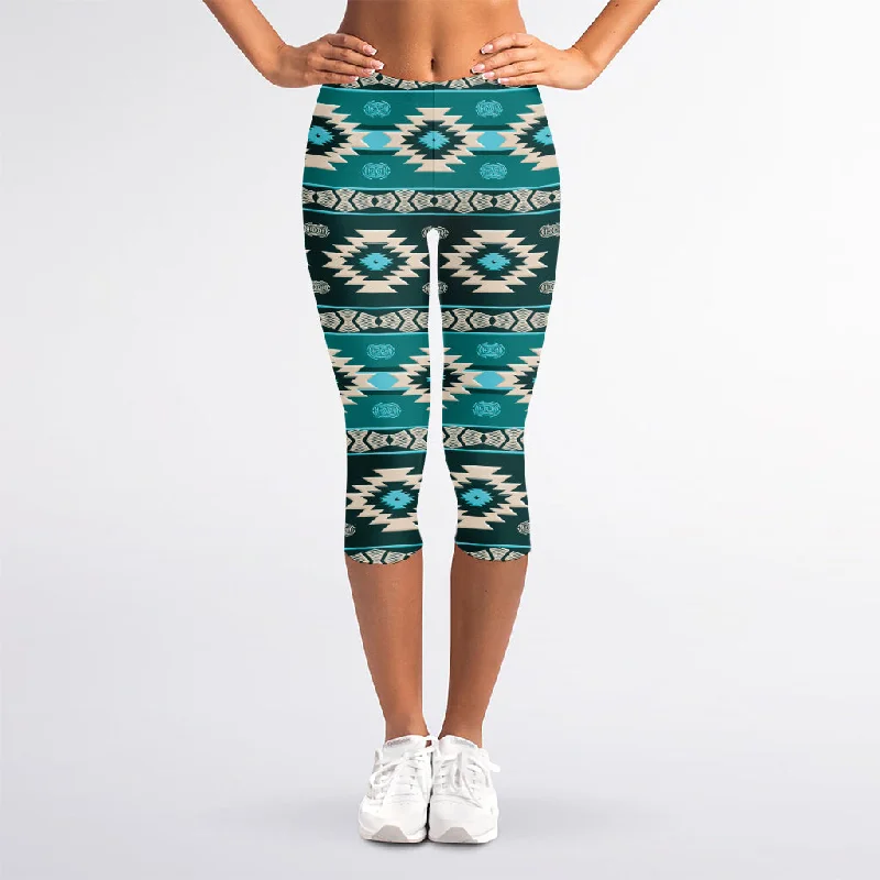 Epic Deals Teal Southwestern Navajo Pattern Print Women's Capri Leggings