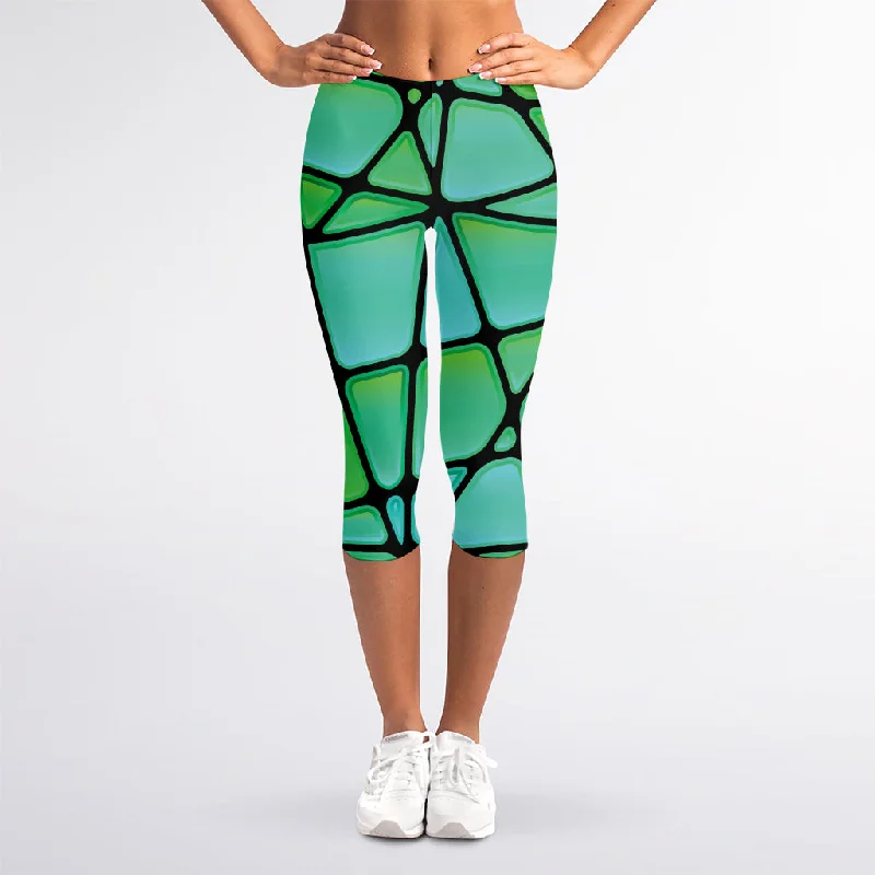 Fantastic Offers Teal Stained Glass Mosaic Print Women's Capri Leggings