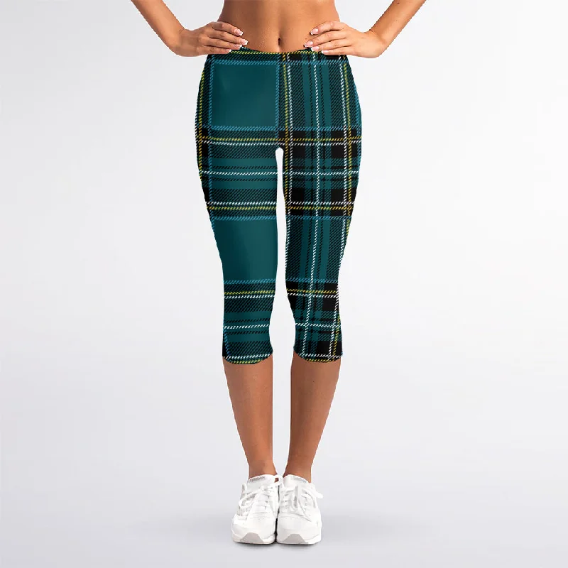 Savings Event Teal Stewart Tartan Pattern Print Women's Capri Leggings