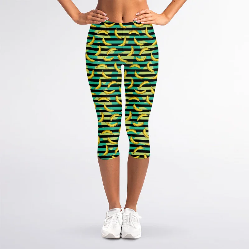 Discount Deals Teal Striped Banana Pattern Print Women's Capri Leggings