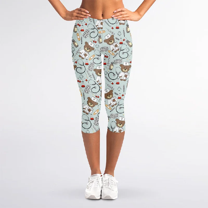 Deal Explosion Teddy Bear Doctor Pattern Print Women's Capri Leggings