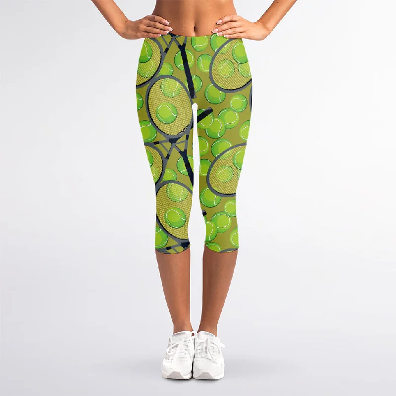 Can't Miss Tennis Ball And Racket Pattern Print Women's Capri Leggings