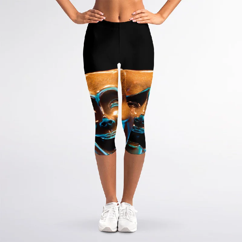Seasonal Clearance The Sock And Buskin Theatre Masks Print Women's Capri Leggings