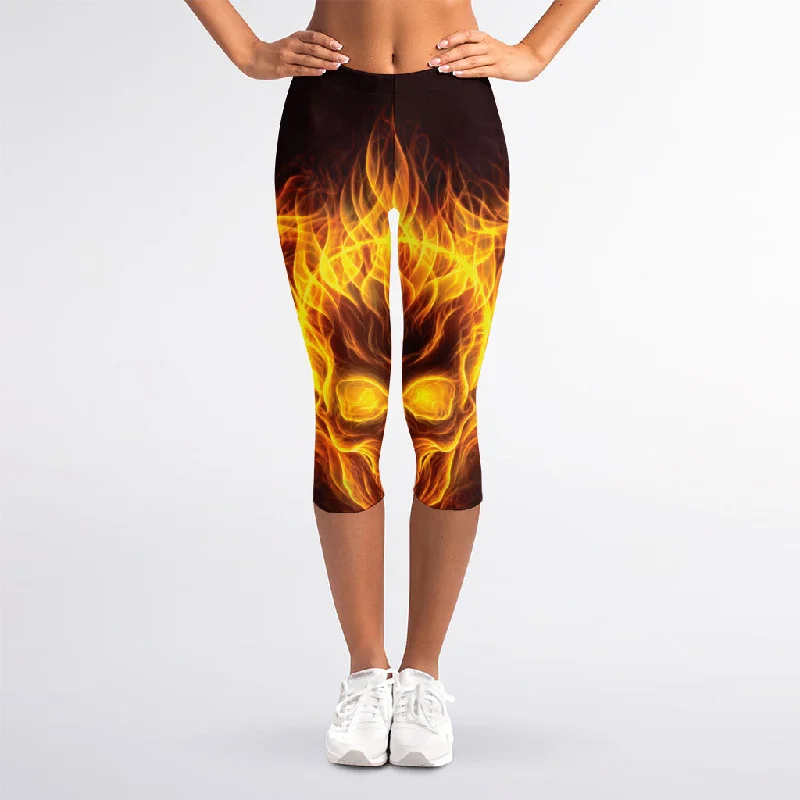 Year-End Sale Three Flaming Skull Print Women's Capri Leggings
