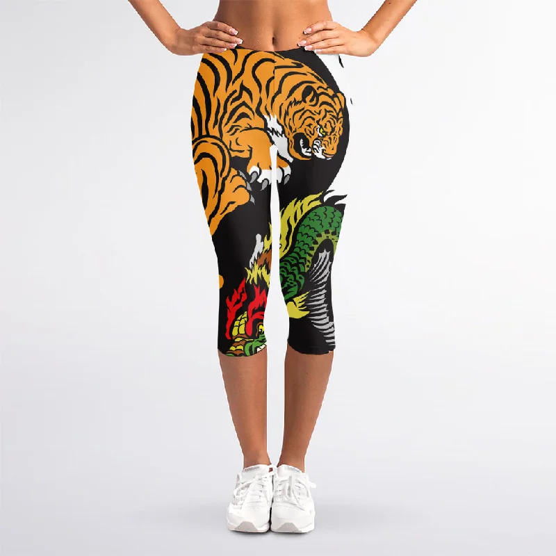Midnight Sale Tiger And Dragon Yin Yang Print Women's Capri Leggings