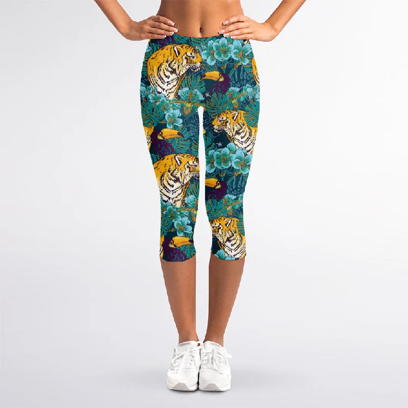 Clearance Event Tiger And Toucan Pattern Print Women's Capri Leggings
