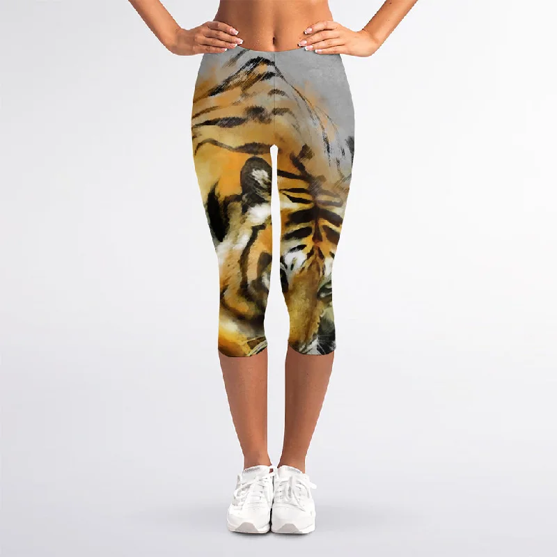 Limited Edition Tiger Painting Print Women's Capri Leggings