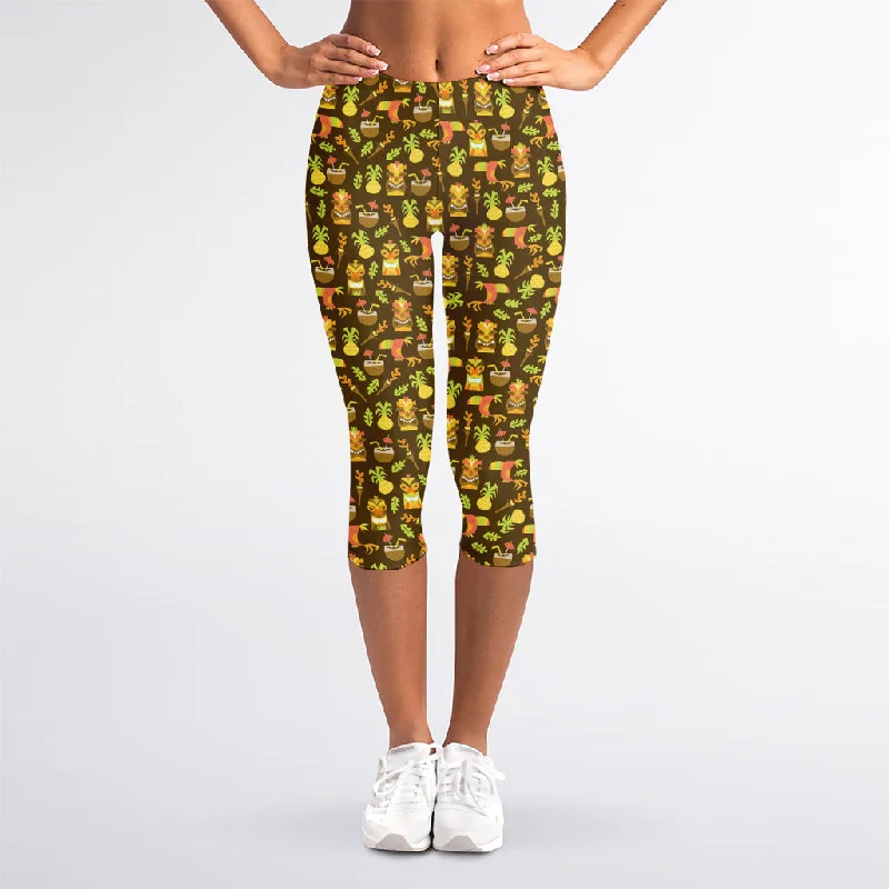 While Supplies Last Tiki Luau Pattern Print Women's Capri Leggings